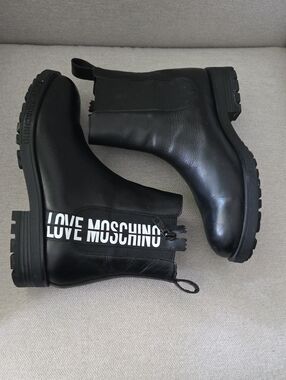 Love Moschino Black Leather Chelsea Boots with Logo Tape - Size 8
